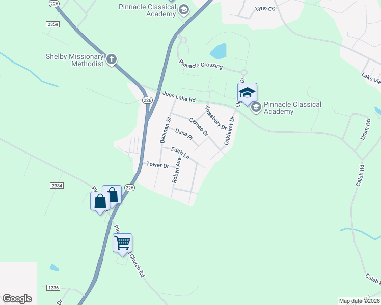 map of restaurants, bars, coffee shops, grocery stores, and more near 2123 Dana Place in Shelby