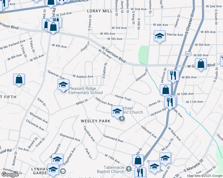 map of restaurants, bars, coffee shops, grocery stores, and more near 1103 South Weldon Street in Gastonia