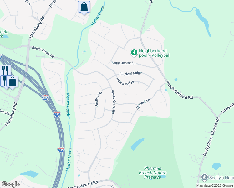 map of restaurants, bars, coffee shops, grocery stores, and more near 7020 Passeres Court in Charlotte