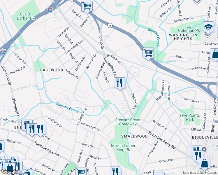 map of restaurants, bars, coffee shops, grocery stores, and more near in Charlotte