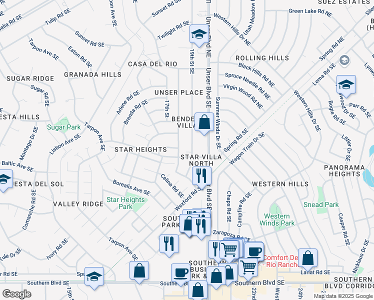 map of restaurants, bars, coffee shops, grocery stores, and more near 365 Unser Boulevard Southeast in Rio Rancho