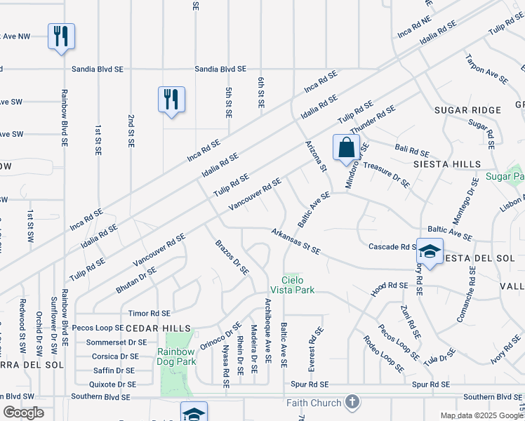 map of restaurants, bars, coffee shops, grocery stores, and more near 420 Vancouver Place Southeast in Rio Rancho