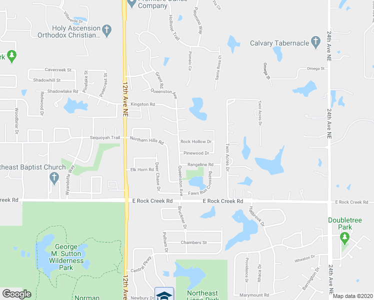 map of restaurants, bars, coffee shops, grocery stores, and more near 1505 Pinewood Drive in Norman