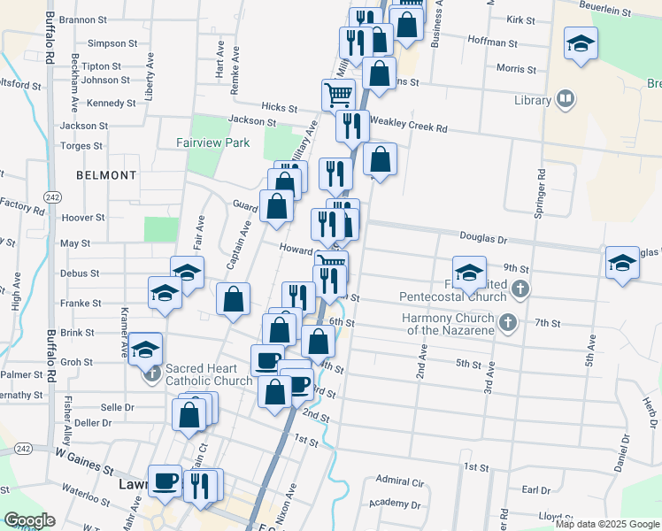 map of restaurants, bars, coffee shops, grocery stores, and more near U.S. 43 in Lawrenceburg