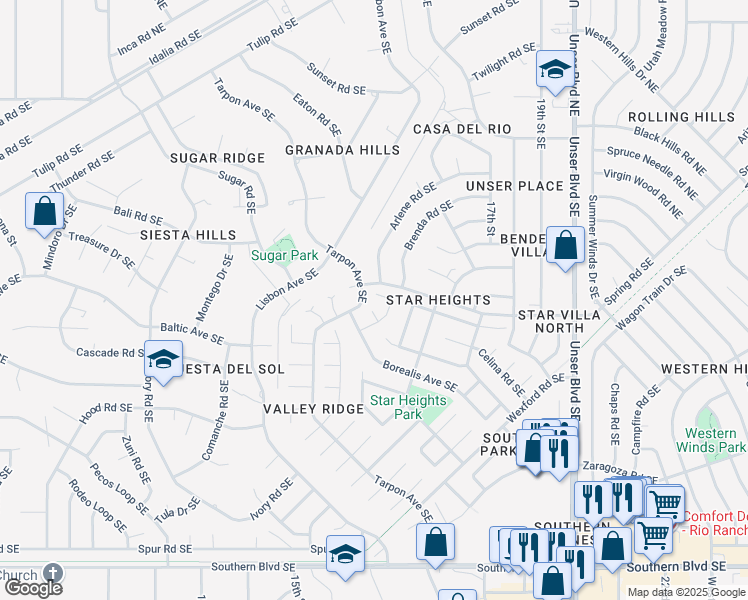 map of restaurants, bars, coffee shops, grocery stores, and more near 1600 Fornax Road Southeast in Rio Rancho