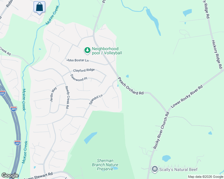 map of restaurants, bars, coffee shops, grocery stores, and more near 13200 Peacock Lane in Charlotte