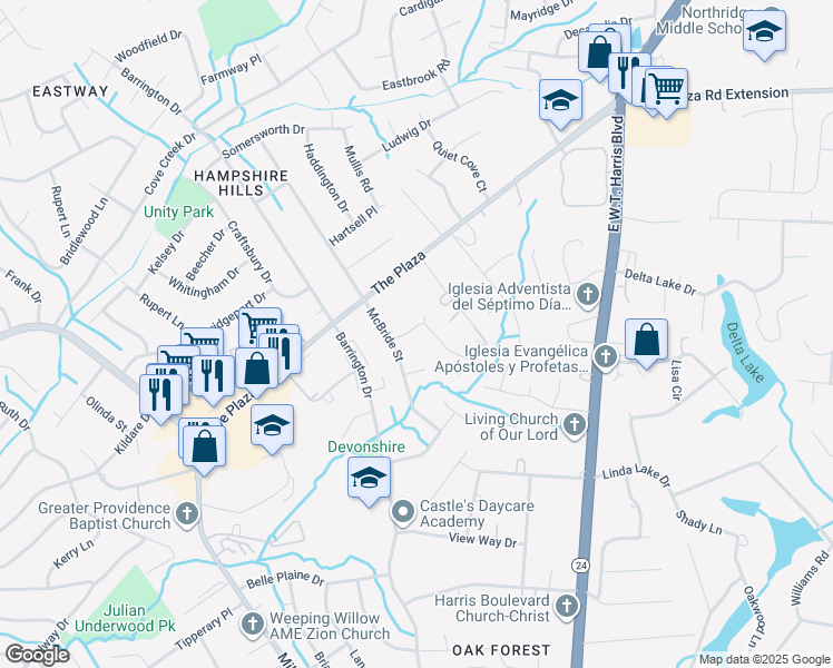 map of restaurants, bars, coffee shops, grocery stores, and more near 6622 Water Mill Court in Charlotte