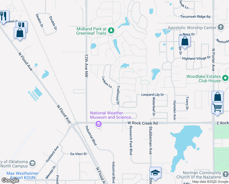 map of restaurants, bars, coffee shops, grocery stores, and more near 2641 Lerkim Lane in Norman
