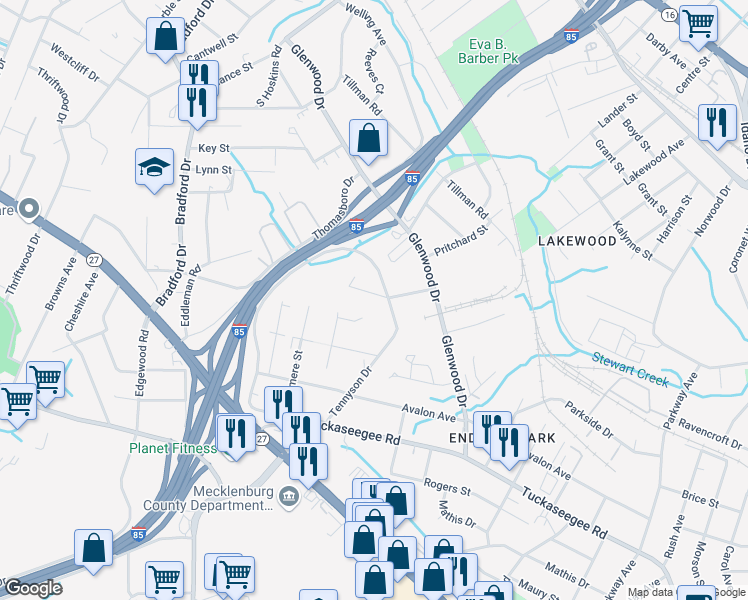 map of restaurants, bars, coffee shops, grocery stores, and more near 3909 Plainview Road in Charlotte