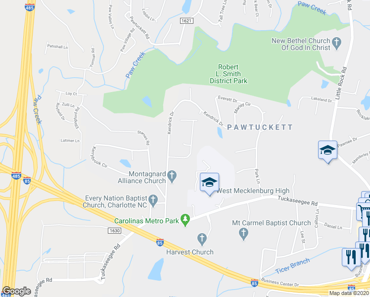 map of restaurants, bars, coffee shops, grocery stores, and more near 7607 Orchid Blossom Lane in Charlotte