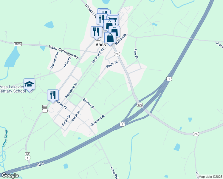 map of restaurants, bars, coffee shops, grocery stores, and more near 355 Main Street in Vass