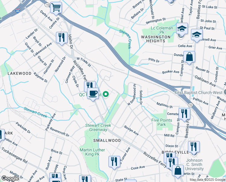 map of restaurants, bars, coffee shops, grocery stores, and more near 2635 West Trade Street in Charlotte