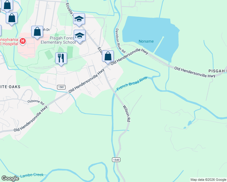 map of restaurants, bars, coffee shops, grocery stores, and more near State Road 1540 in Transylvania County