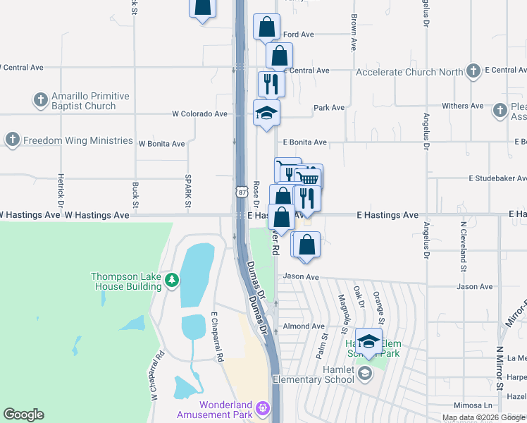 map of restaurants, bars, coffee shops, grocery stores, and more near 4006 Rose Drive in Amarillo