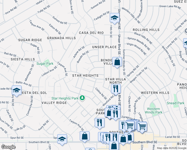 map of restaurants, bars, coffee shops, grocery stores, and more near 321 Geraldine Loop Southeast in Rio Rancho