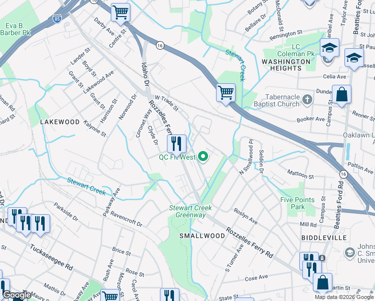 map of restaurants, bars, coffee shops, grocery stores, and more near 117-131 Judson Avenue in Charlotte