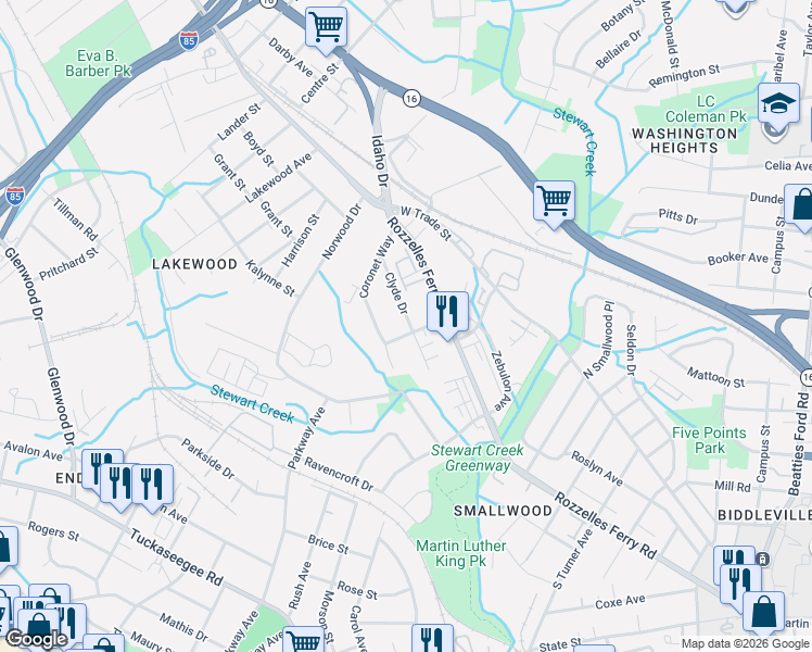 map of restaurants, bars, coffee shops, grocery stores, and more near in Charlotte
