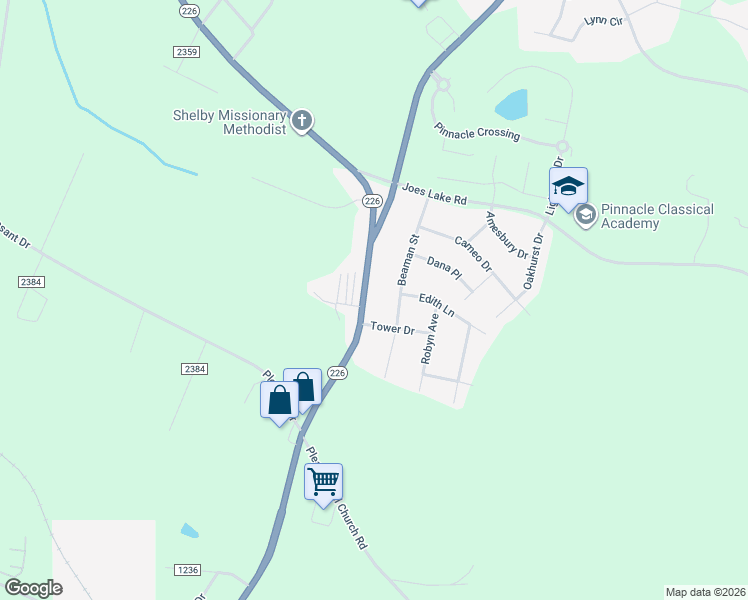 map of restaurants, bars, coffee shops, grocery stores, and more near 1-99 Kenwall Village Drive in Shelby