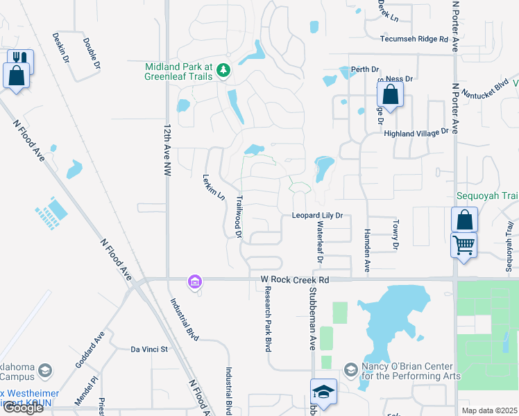 map of restaurants, bars, coffee shops, grocery stores, and more near 801 Mossy Road in Norman