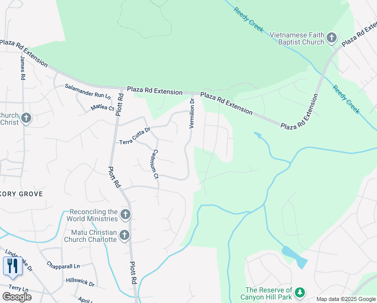 map of restaurants, bars, coffee shops, grocery stores, and more near 8202 Vermilion Drive in Charlotte