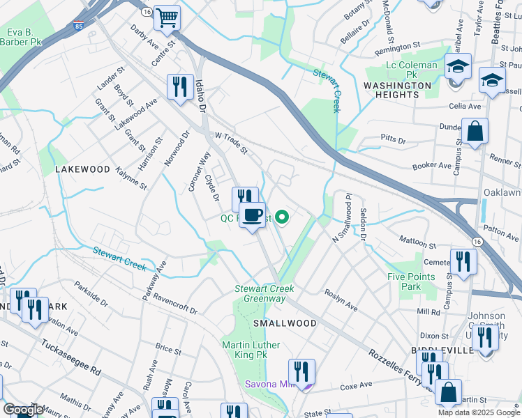 map of restaurants, bars, coffee shops, grocery stores, and more near 117-131 Judson Avenue in Charlotte
