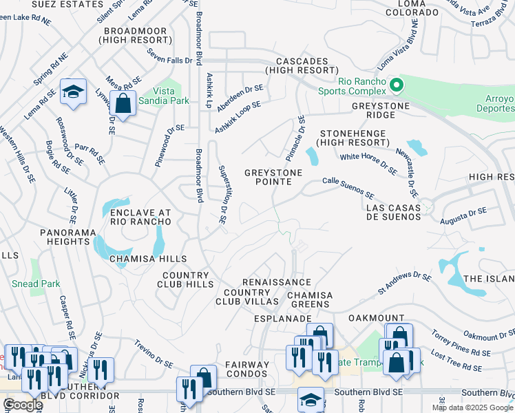 map of restaurants, bars, coffee shops, grocery stores, and more near 3105 Calle Suenos Southeast in Rio Rancho