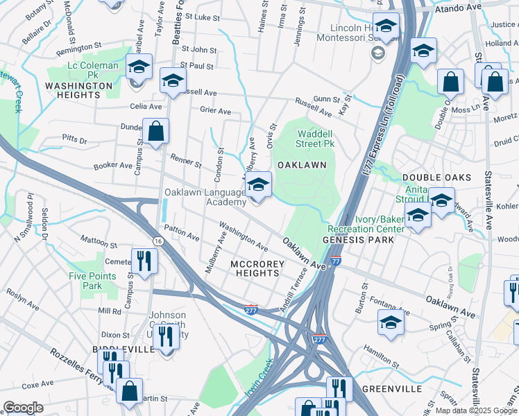map of restaurants, bars, coffee shops, grocery stores, and more near 1810 Oaklawn Avenue in Charlotte