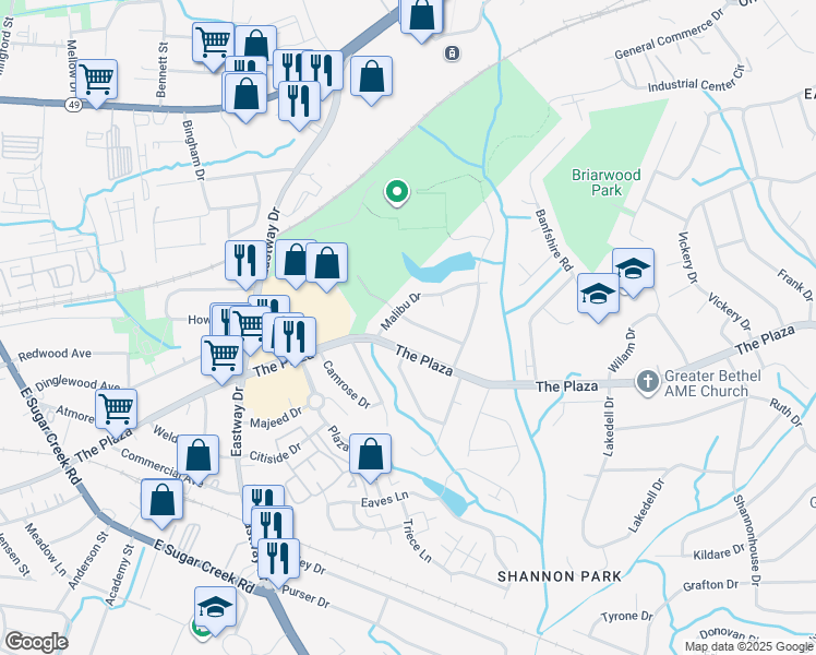map of restaurants, bars, coffee shops, grocery stores, and more near 4708 Americana Avenue in Charlotte