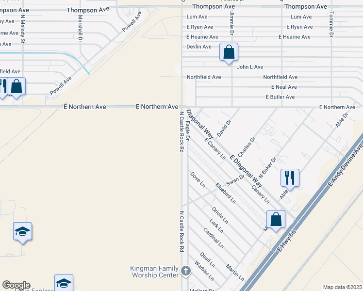map of restaurants, bars, coffee shops, grocery stores, and more near 4411 N Castle Rock Rd in Kingman