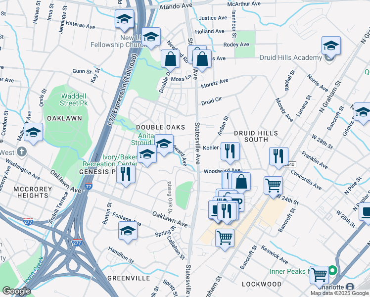 map of restaurants, bars, coffee shops, grocery stores, and more near 2219 Statesville Avenue in Charlotte