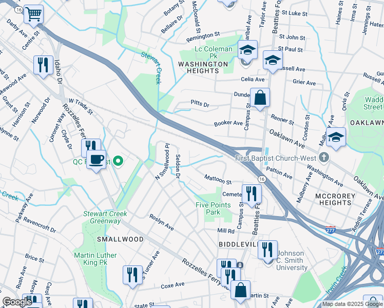 map of restaurants, bars, coffee shops, grocery stores, and more near 105 Mattoon Street in Charlotte