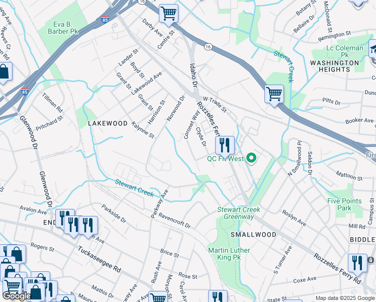 map of restaurants, bars, coffee shops, grocery stores, and more near in Charlotte