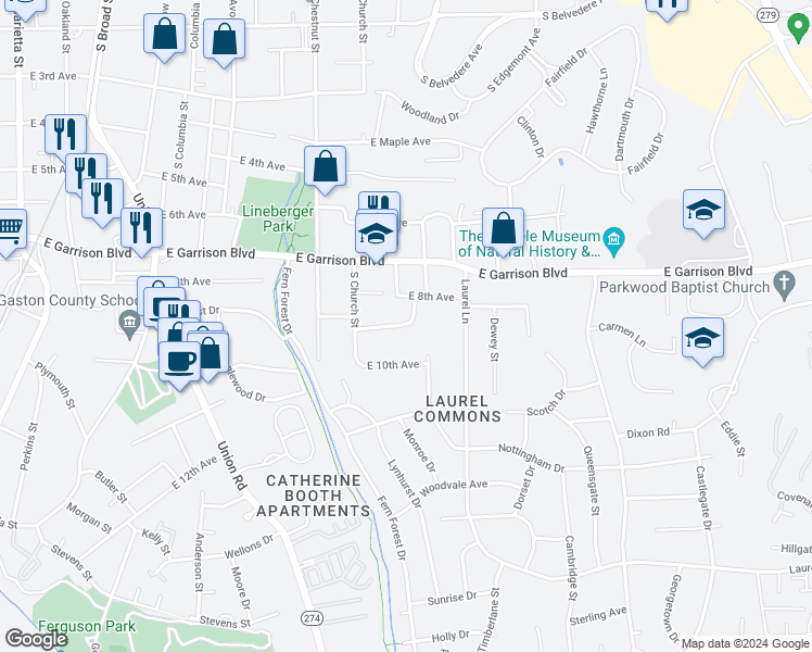 map of restaurants, bars, coffee shops, grocery stores, and more near 905 Dogwood Drive in Gastonia