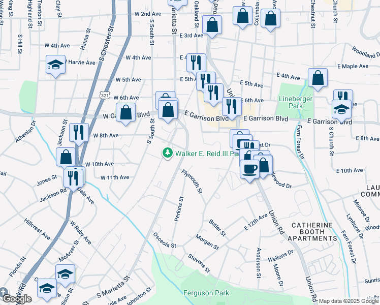map of restaurants, bars, coffee shops, grocery stores, and more near 916 South Marietta Street in Gastonia