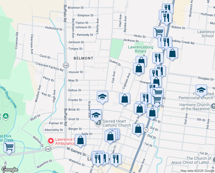 map of restaurants, bars, coffee shops, grocery stores, and more near 811 Mahr Avenue in Lawrenceburg