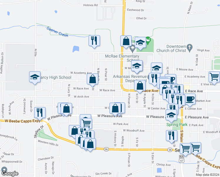 map of restaurants, bars, coffee shops, grocery stores, and more near 911 West Vine Avenue in Searcy