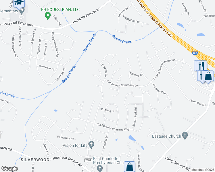 map of restaurants, bars, coffee shops, grocery stores, and more near 8922 Tendring Court in Charlotte