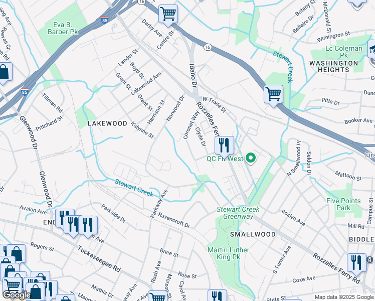 map of restaurants, bars, coffee shops, grocery stores, and more near 2933 Coronet Way in Charlotte