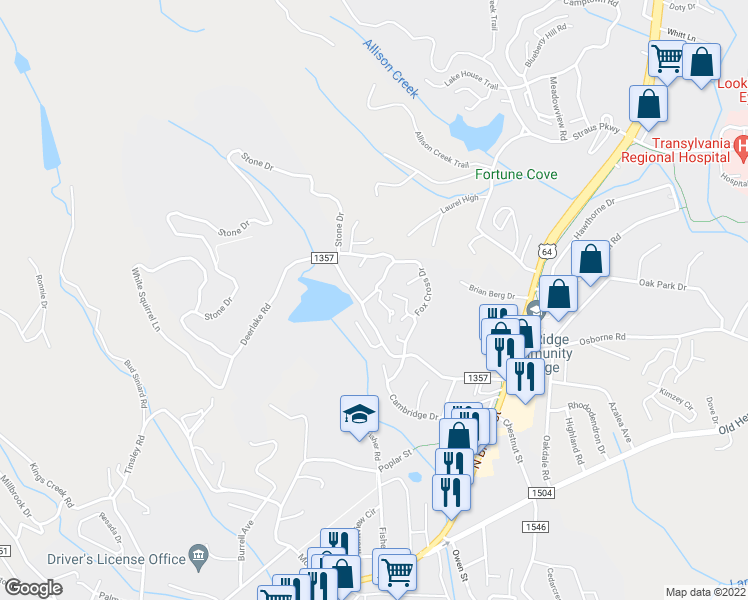 map of restaurants, bars, coffee shops, grocery stores, and more near 36 Quail Run Circle in Brevard