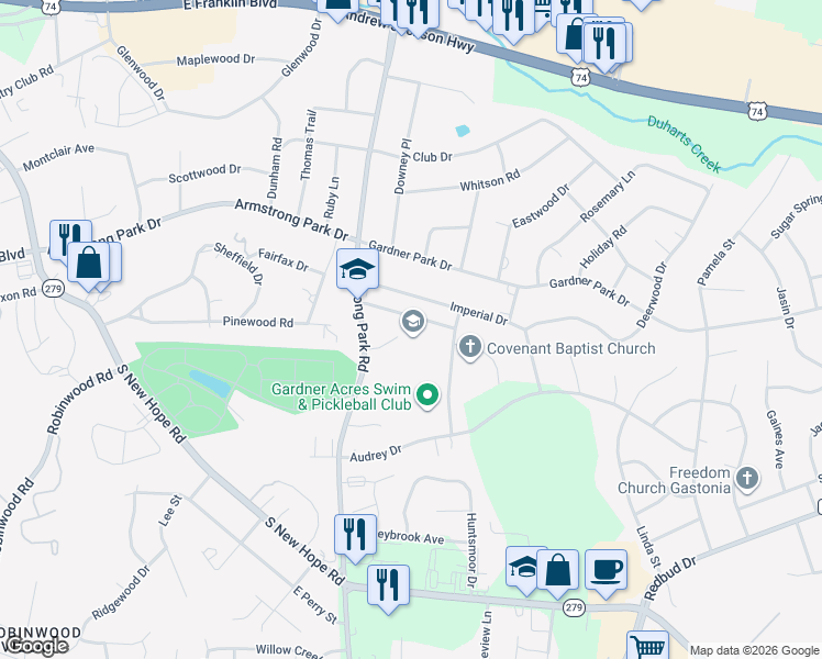 map of restaurants, bars, coffee shops, grocery stores, and more near 738 Armstrong Park Road in Gastonia