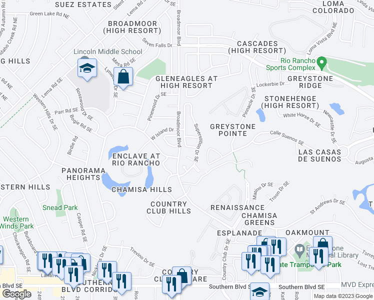 map of restaurants, bars, coffee shops, grocery stores, and more near 559 Hermit Falls Drive Southeast in Rio Rancho