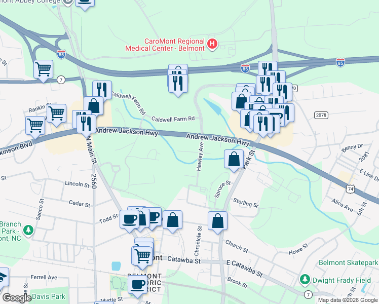 map of restaurants, bars, coffee shops, grocery stores, and more near 107 Garrison Drive in Belmont