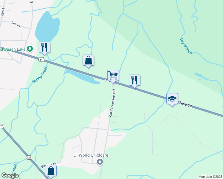 map of restaurants, bars, coffee shops, grocery stores, and more near 64 Old Tennessee 125 in Bolivar