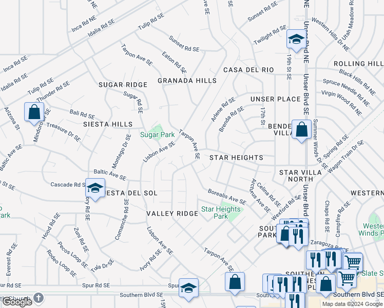 map of restaurants, bars, coffee shops, grocery stores, and more near 1530 Valley Vista Court Southeast in Rio Rancho