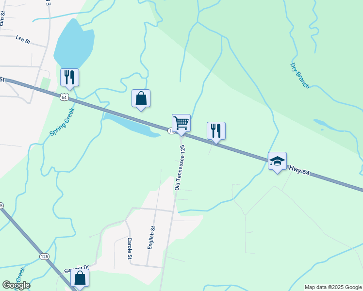 map of restaurants, bars, coffee shops, grocery stores, and more near 64 Old Tennessee 125 in Bolivar