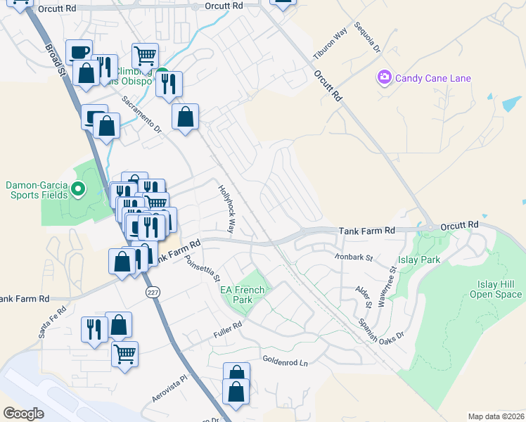 map of restaurants, bars, coffee shops, grocery stores, and more near 1032 Twin Creek Road in San Luis Obispo