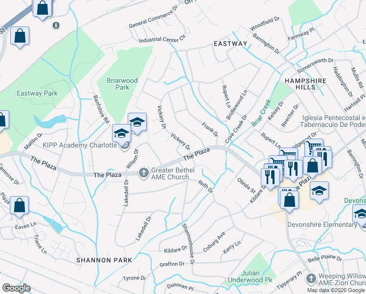 map of restaurants, bars, coffee shops, grocery stores, and more near 1100 Vickery Drive in Charlotte