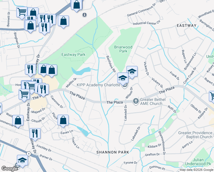 map of restaurants, bars, coffee shops, grocery stores, and more near 1005 Glenfiddich Drive in Charlotte