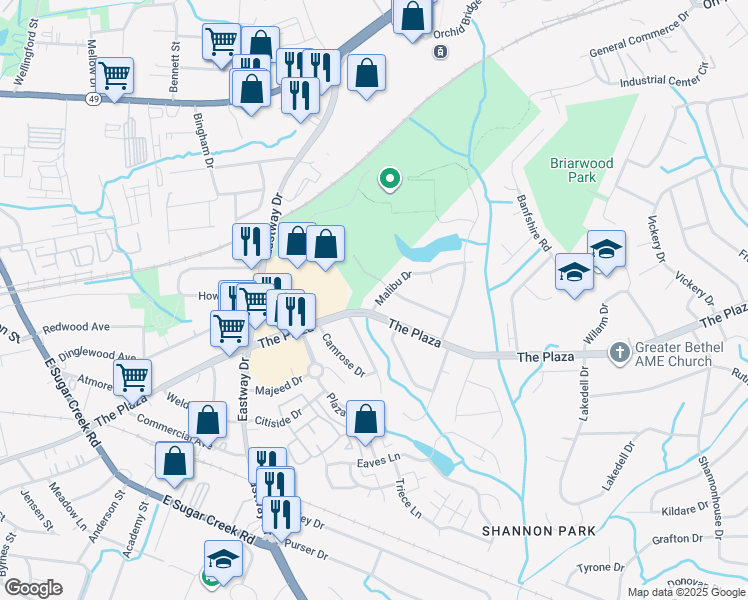 map of restaurants, bars, coffee shops, grocery stores, and more near 4817 Malibu Drive in Charlotte