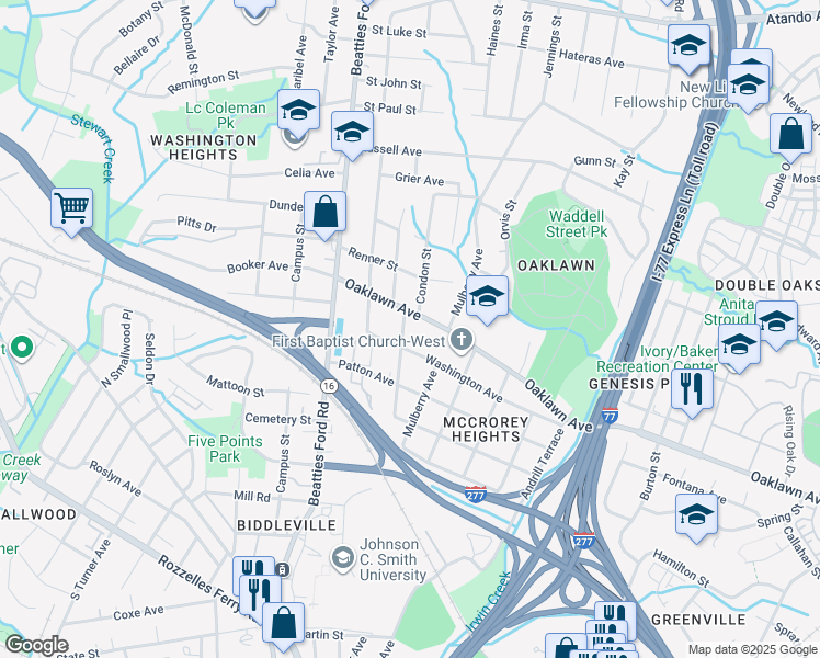 map of restaurants, bars, coffee shops, grocery stores, and more near 1919 Oaklawn Avenue in Charlotte